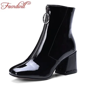 

FACNDINLL shoes 2018 new autumn winter women ankle boots med heels round toe black zipper genuine leather office dress shoes