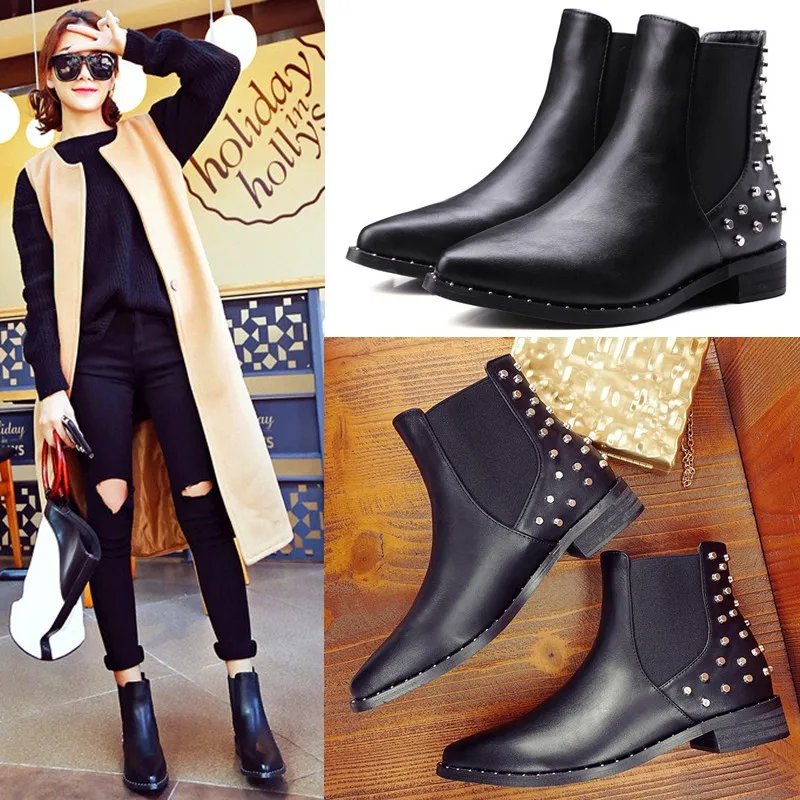 

34-43 Big size Chelsea boot European famous brand boots rivets designer Chelsea boot pointed toe Martin boots ankle short botas