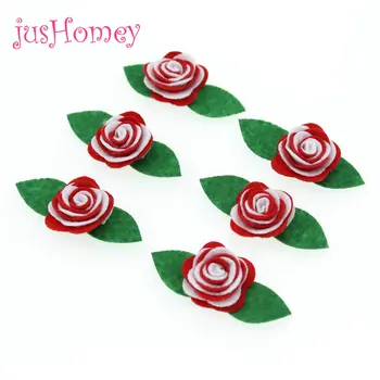 

50PCS Red Felt Rose Cabbage Flowers W/ Green leaves 5CM Handmade for DIY Headband, Hair Bow, Photo Frame, Wedding Decoration