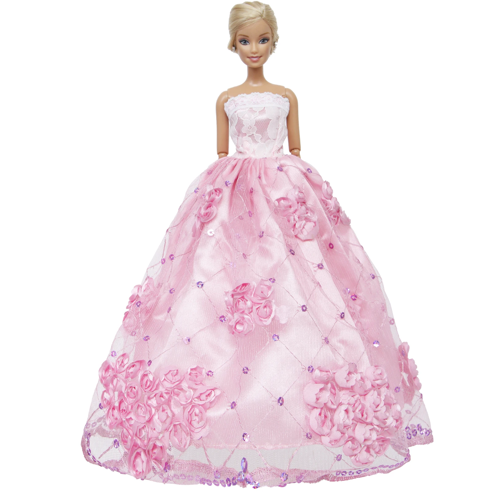 

Fashion Handmade Pink Evening Party Wear Wedding Dress Bridal Gown + Lace Veil Clothes For Barbie Doll Accessories Kid Toy