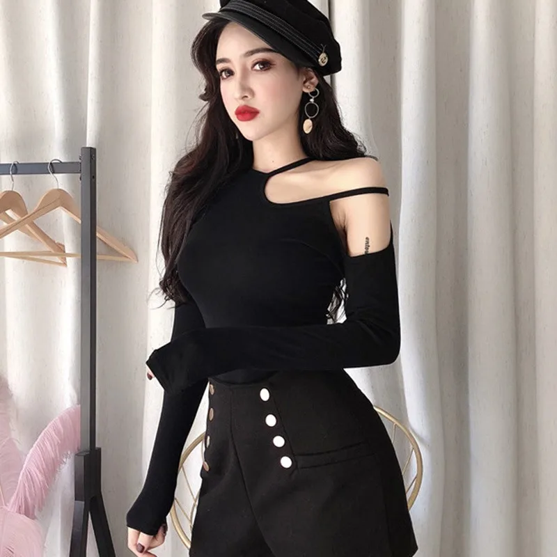 

2019 Camisas Mujer Streetwear T Shirt Women Casual T-shirt Cold Shoulder Tops Modis T-shirt Tops Sexy Long Sleeve Shirt Women