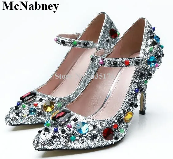 

Rhinestone Sequin Pointed Toe Women Shoes Fashion Party Button Pumps Stiletto Heel Cover Heel Shallow Spring/Autumn Women Shoes