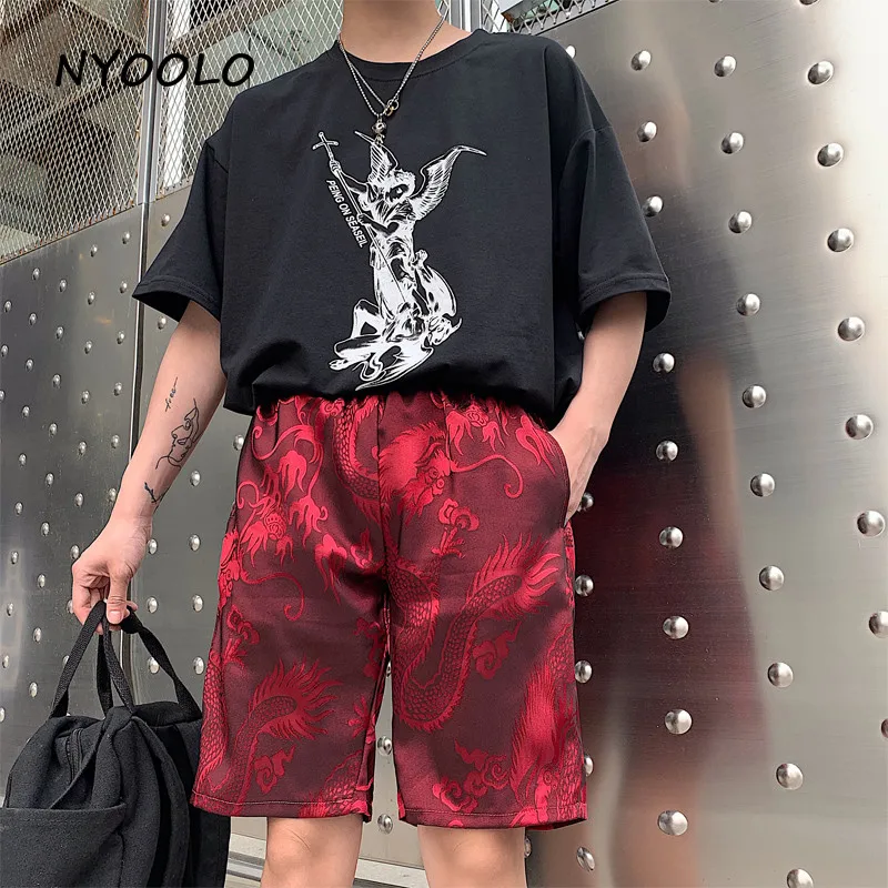 

NYOOLO Summer streetwear Dragon pattern short cargo pants Casual elastic waist straight knee length pants women/men clothing