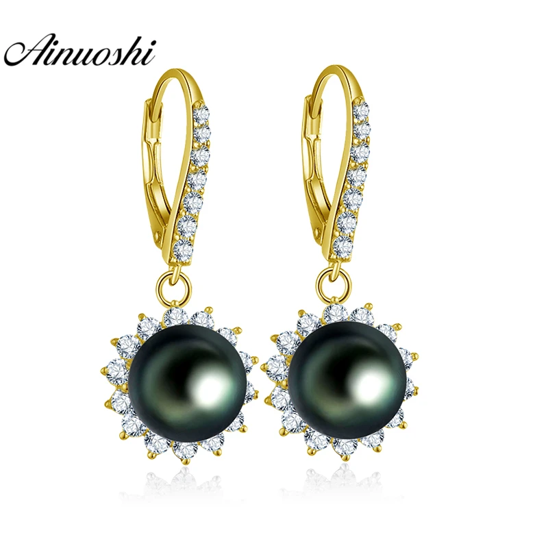 

AINUOSHI 10K Solid Yellow Gold Pearl Drop Earring Natural Black Tahitian Pearls Droplet Earring Women Jewelry Click Back Earring