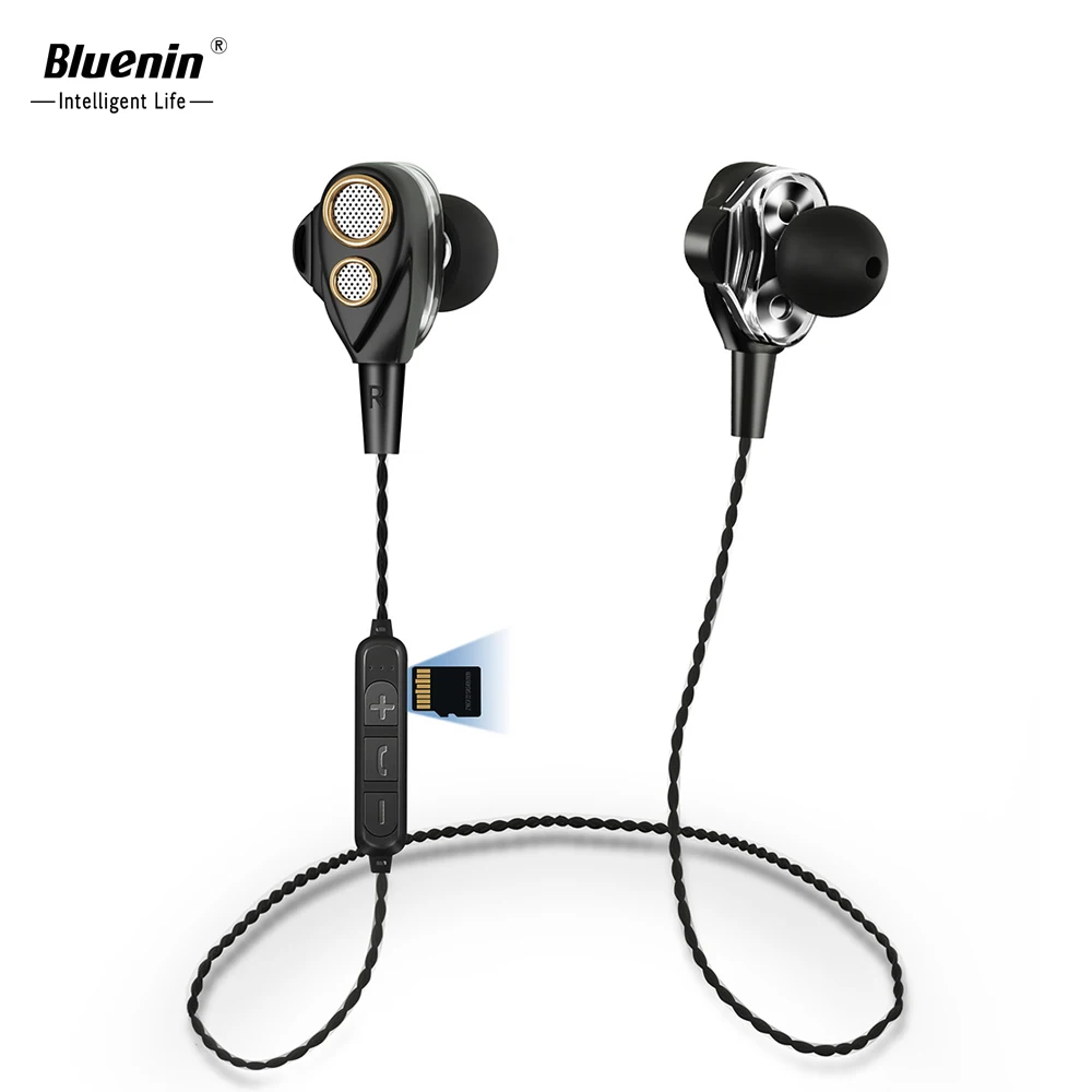 

Bluenin Double Dynamic 6D Surround Stereo Earphone Wireless 2-in-1 Bluetooth 4.1 Earphones and SD Card Headphones 4 Loudspeaker