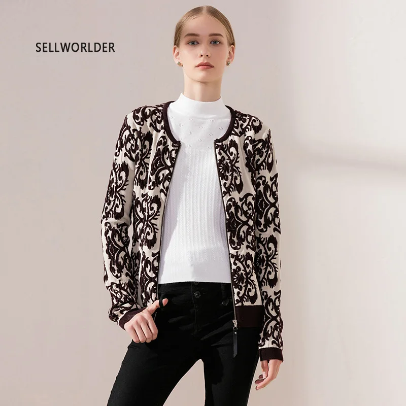 

SELLWORLDER 2018 New Casual Women Jacket Cardigan Zipper Coats Print O-Neck Female Long Sleeve Sweater