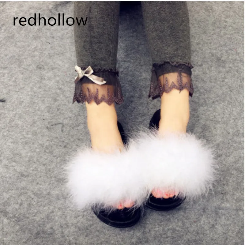 

2018 Fur Slide Flip Flops Women Ostrich Feather Home Slippers Female Sweet Fenty Wedges Sandals Beach Pantufa Platform Chinelo