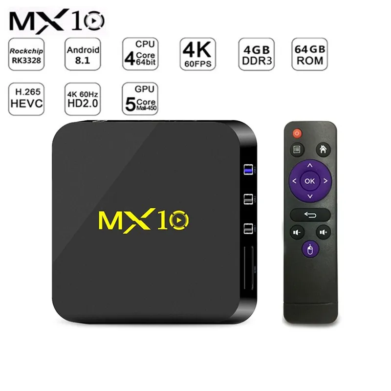 

MX10 Smart TV BOX Rockchip RK3328 DDR4 4GB 64GB IPTV Set Top Box 4K 2.4G WiFi HDR H.265 100Mbps Media Player TV Box Android 8.1