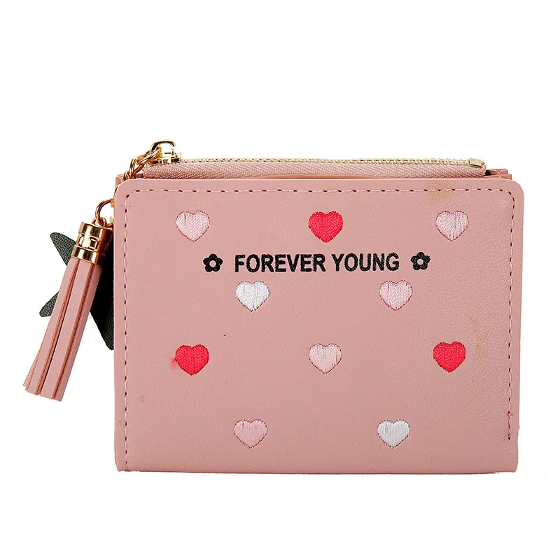 

M107 Women's Zipper Short Wallet Korean Edition Embroidered Love Heart Tassels Pocket Bag Wholesale