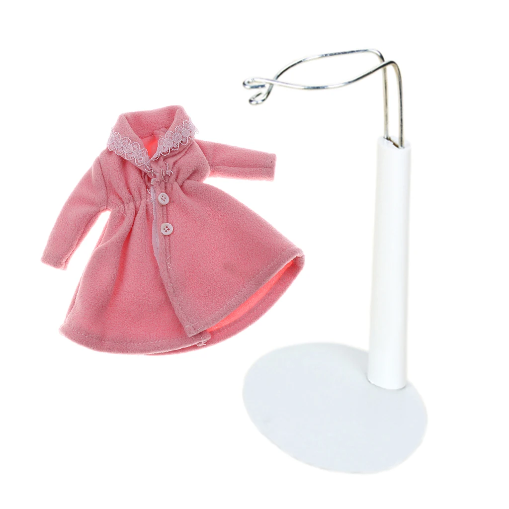 White Adjustable Doll Stand Display Holder And Pink Plush Coat For   Dress-up Accessory