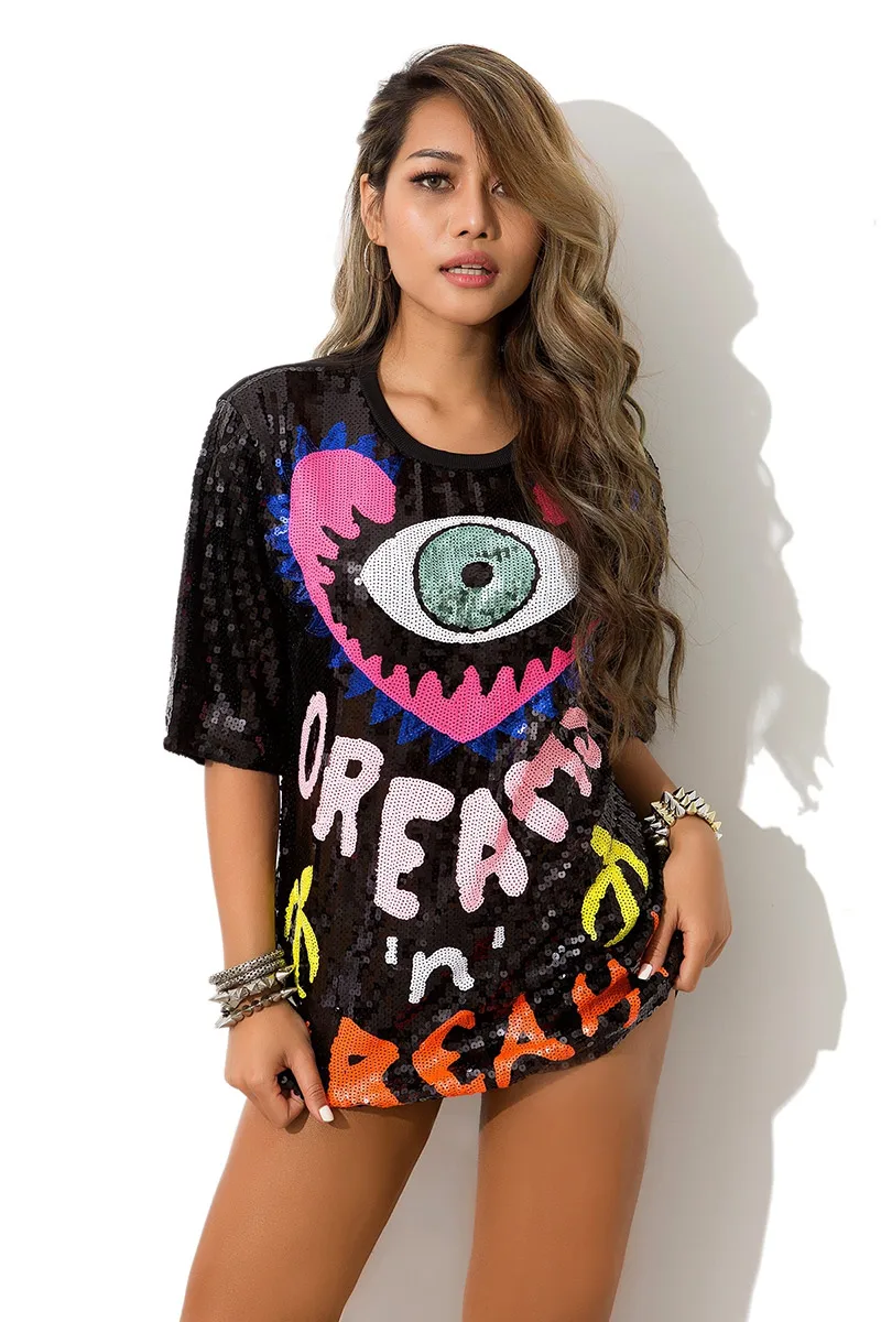 Летняя футболка с блестками и надписью Женская танцевальная одежда в стиле хип-хоп футболка с рисунком глаз и сердца Топы Harajuku футболка оверсайз