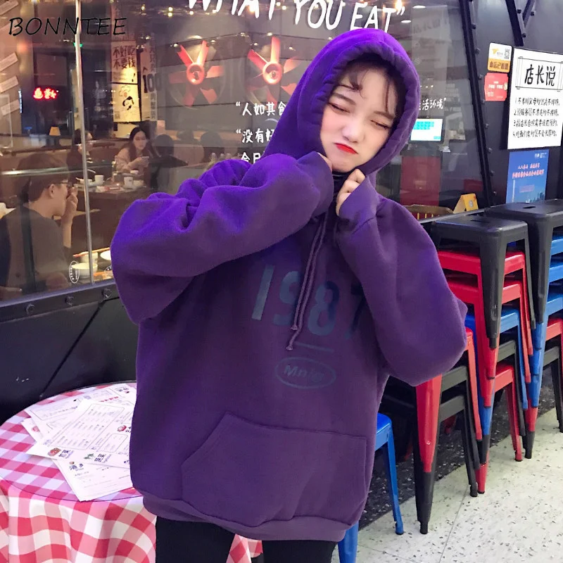 

Hoodies Women Hooded Solid Thicker Plus Velvet Letter Printing Pockets Womens Hoodie All-match Kawaii Leisure Simple Trendy Chic