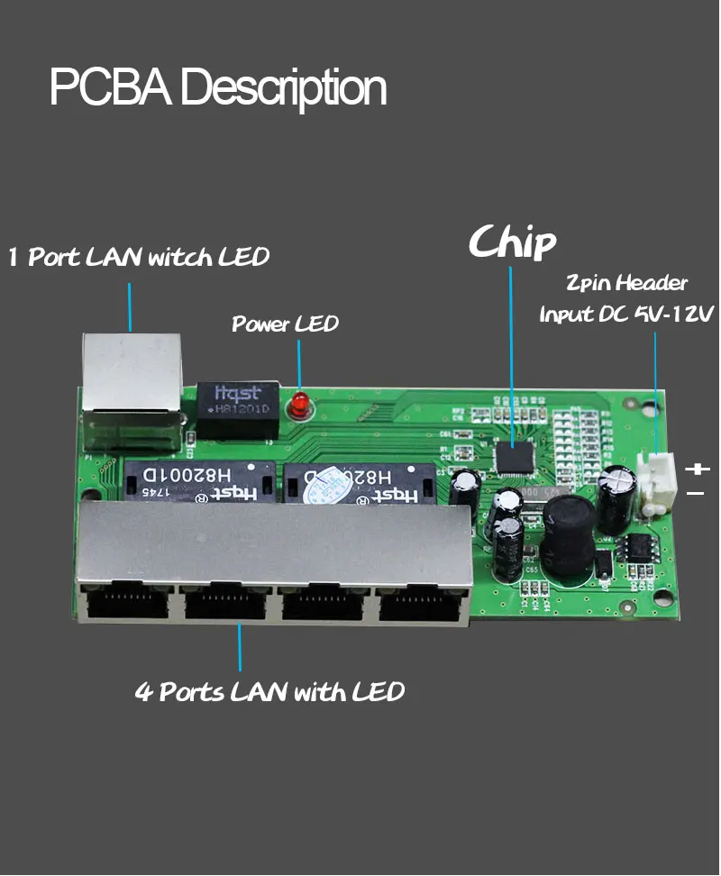 Мини 5 портовый модуль pcba 10/100 Мбит/с сетевой коммутатор 5-12 В Широкий Входное напряжение ethernet pcb rj45 Модуль со встроенным светодиодом