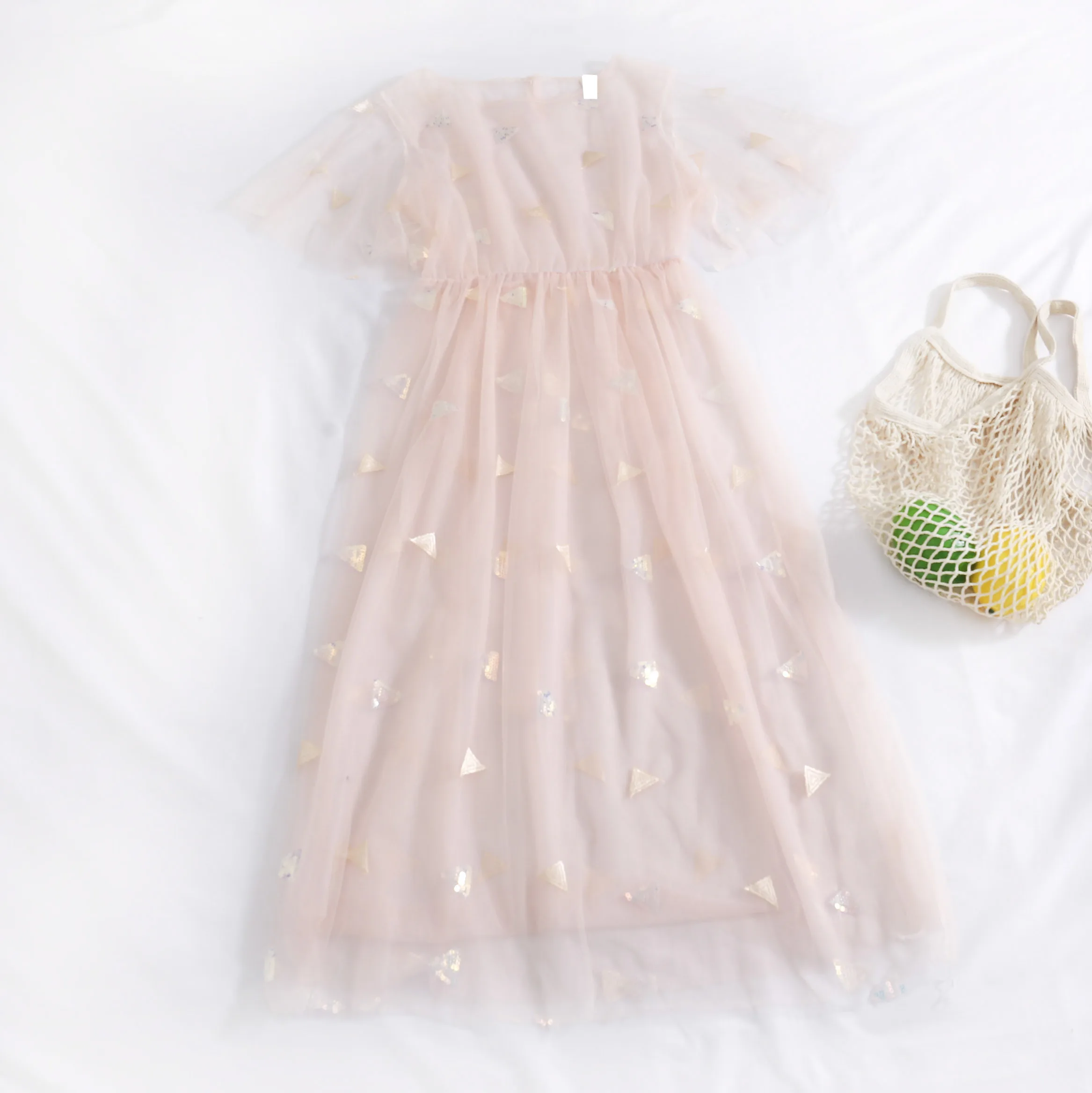 

2PCS Elegant Women Summer O-neck Sequined Pleated Tulle Dress Vintage A-line Elastic Slim Mesh Gauze Voile Pullover Midi Dresses