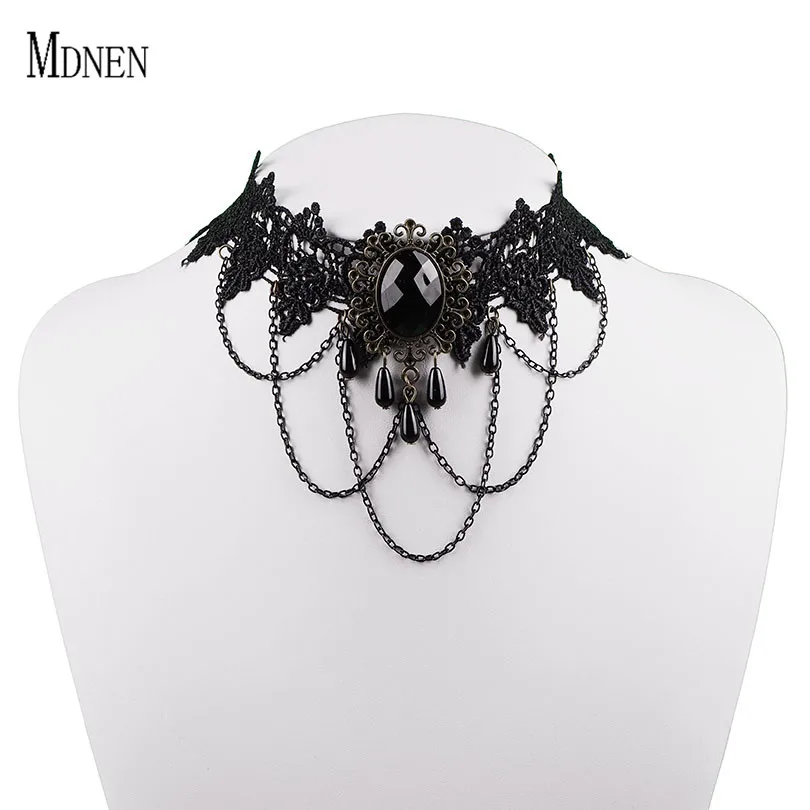 

Trendy Long Metal Chain Black Lace Choker Necklace Vintage Charm Bijou Multi-layer Chain Jewelry Hollow Lace Collor Jewellery