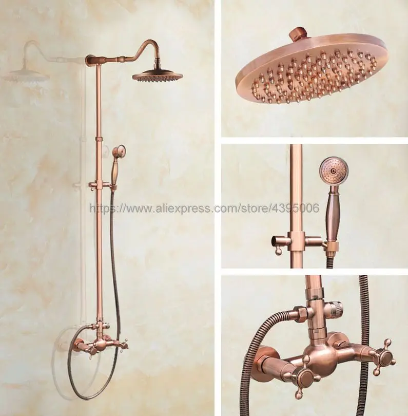 

Antique Red Copper Bathroom Rainfall Shower Faucet Set Mixer Tap With Hand Sprayer Wall Mounted Brg607