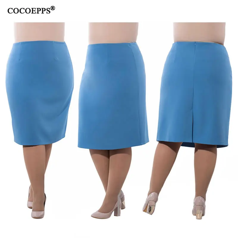 COCOEPPS, большой размер, элегантная женская юбка, одежда для работы, летняя Однотонная юбка-карандаш с высокой талией, большой размер, Юбка До Колена, L-6XL