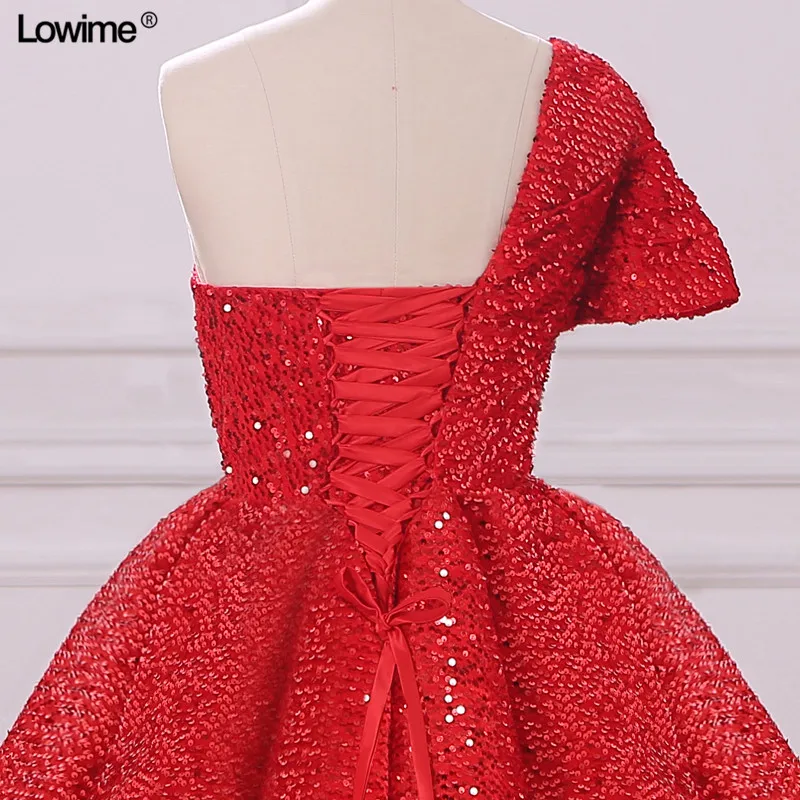 Shiny Red Sequined Arabic Ball Gown Prom Dresses Evening Gown Abendkleider One Shoulder Tea Length Women Party Dress (1)