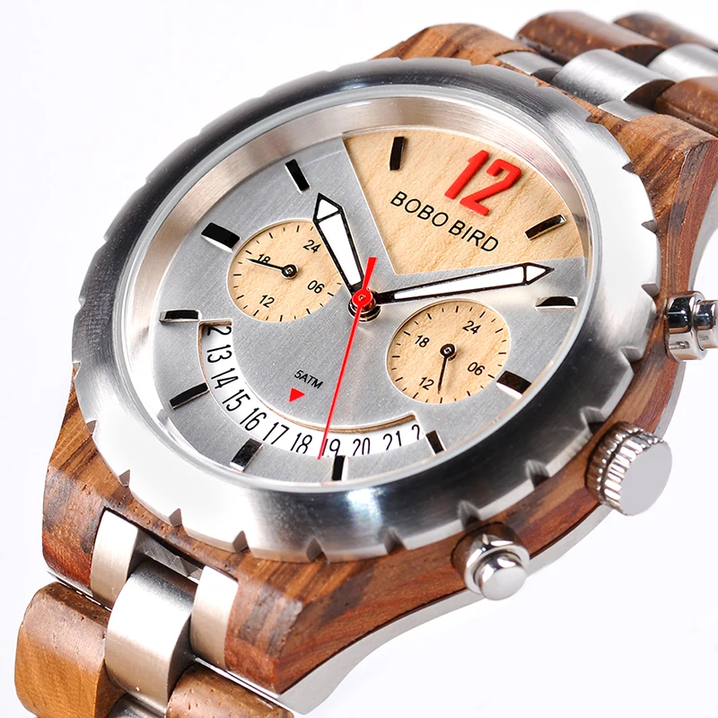 BOBO BIRD Men Watch Luxury Design Multiple Time Zone Clock Wooden Metal Chronograph Watches With Date Display Elegant Timepieces