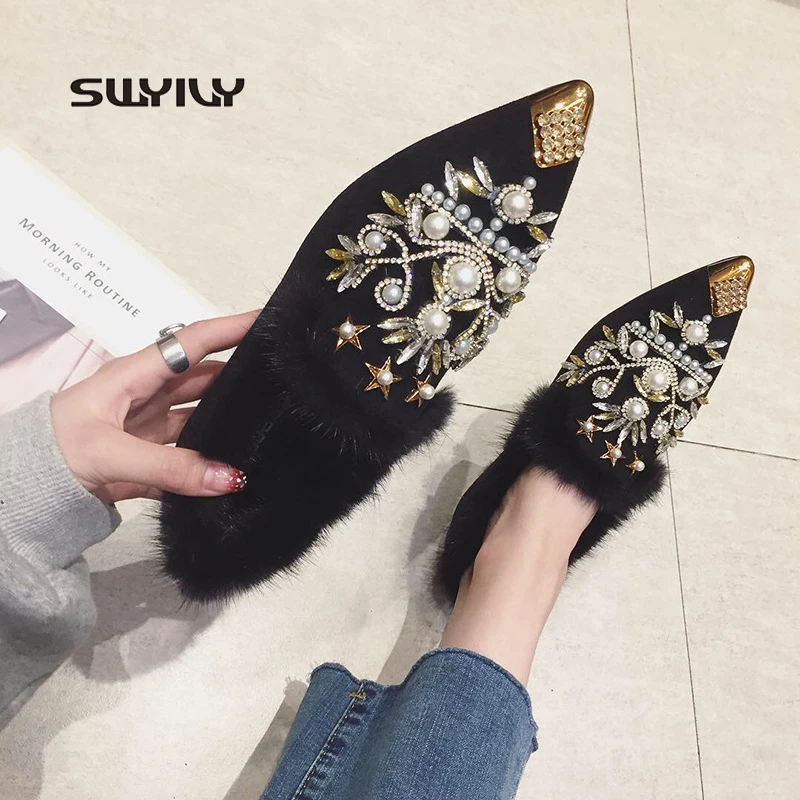 

SWYIVY Womans Winter Flat Shoes 2018 New Mink Fur Slip On Ladies Casual Shoes Rhinestone Leisure Plush Winter Female Flat Shoes