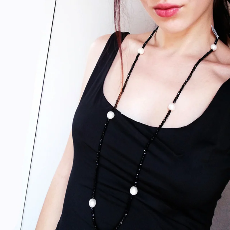 

DAIMI 11-12MM Natural Big Rice Pearl & 4mm Crystal Necklace White Black Jewelry 90cm Long Pearl Necklace