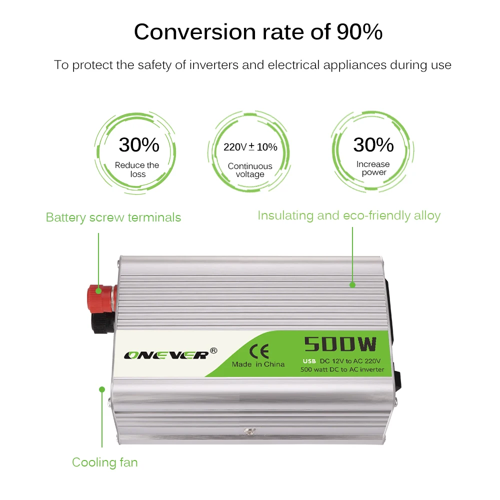 Onever 500 Вт преобразователь тока 12 В 220 В трансформатор напряжения постоянного тока в переменный 12 В до 220 В преобразователь питания с двойной Переходник USB для зарядки в машине