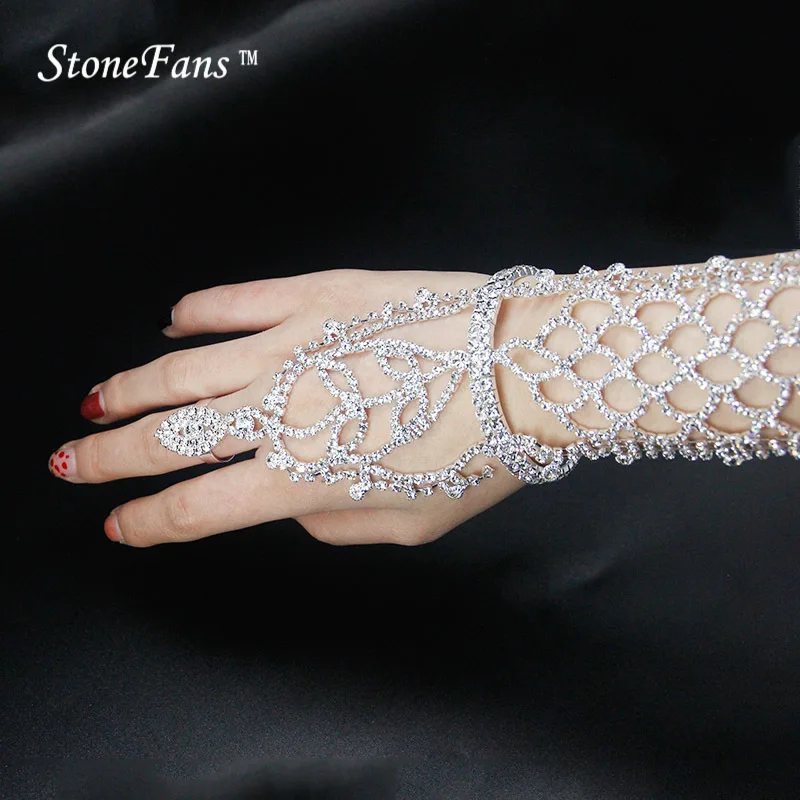 StoneFans Rhionestone AB длинные листья браслет на запястье с кольцом Bestmen свадебные манжеты браслеты «рука» Для женщин свадебный подарок