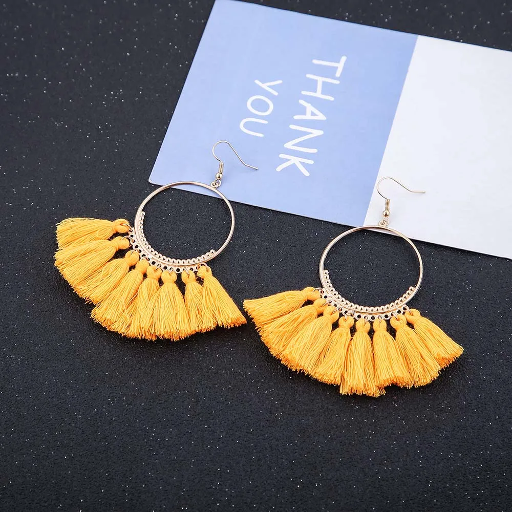 E5658 Trendy Drop Earrings RoundWomenLongBohemianBlueBalckMetalBohoHandmadeGold Tassel Earrings 2018 Jewelry