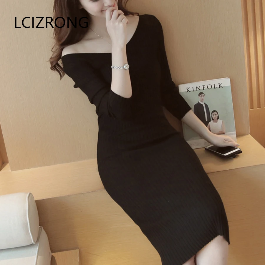 

Spring Sexy V-neck Sweater Dresses Women Elegant Office Lady Pullover Knee-length Dress Slim Bodycon Knitted Dress Female