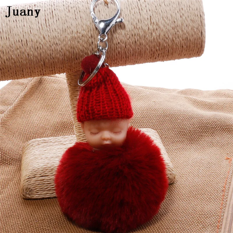 pompom key chain sleeping baby doll key chain pompom rabbit fur ball keychain car keyring women bag car pendant charm 9