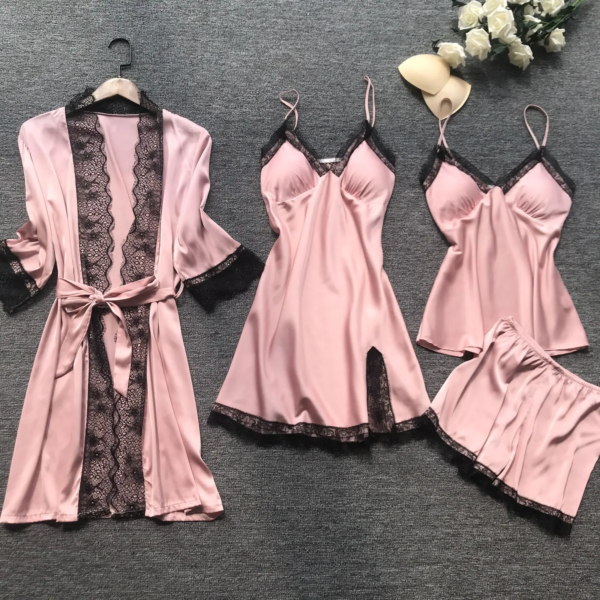 

4 Pcs Women Pajamas Sets Sexy Lace with Chest Pad Nightdress+Shorts+Cardigan Robes Pyjamas Sleepwear Silk Satin Pink Pijamas Set