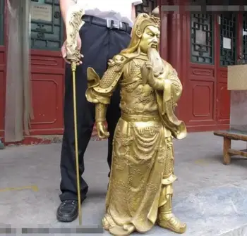 

24" China Brass Copper Dragon Hold Sword Guan Gong Guan Yu warrior Statue
