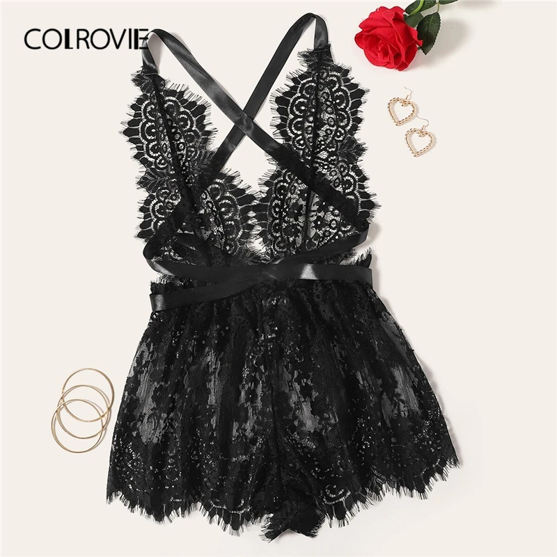 

COLROVIE Black Floral Lace Criss Cross Backless Romper Bodysuit Women 2019 Sexy Lingerie Nightwear Ladies Teddies Sleepwear