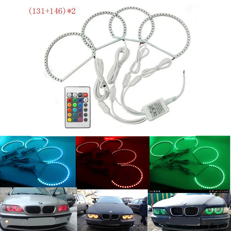 

2x146mm+2x131mm 5050 42SMD RGB LED Angel Eyes Light Headlight with Halo Ring Remote Control Kit for BMW E46