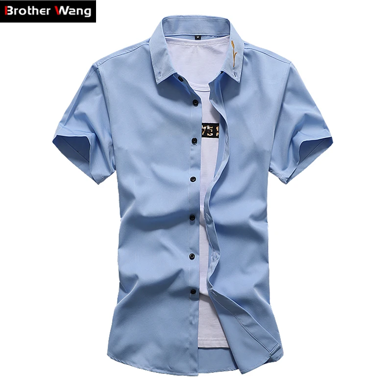 

2019 Men's Shirt Solid Color Slim Embroidery Lapel Business Casual Shirt Summer Thin Short Sleeve Large Size Shirt 5XL 6XL 7XL