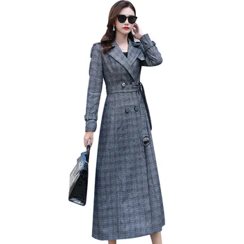 

Brand Design Spring Clothing Female 2019 New England Style Autumn Coat Lapel Gray Plaid Slim Long Trench Coat for Women