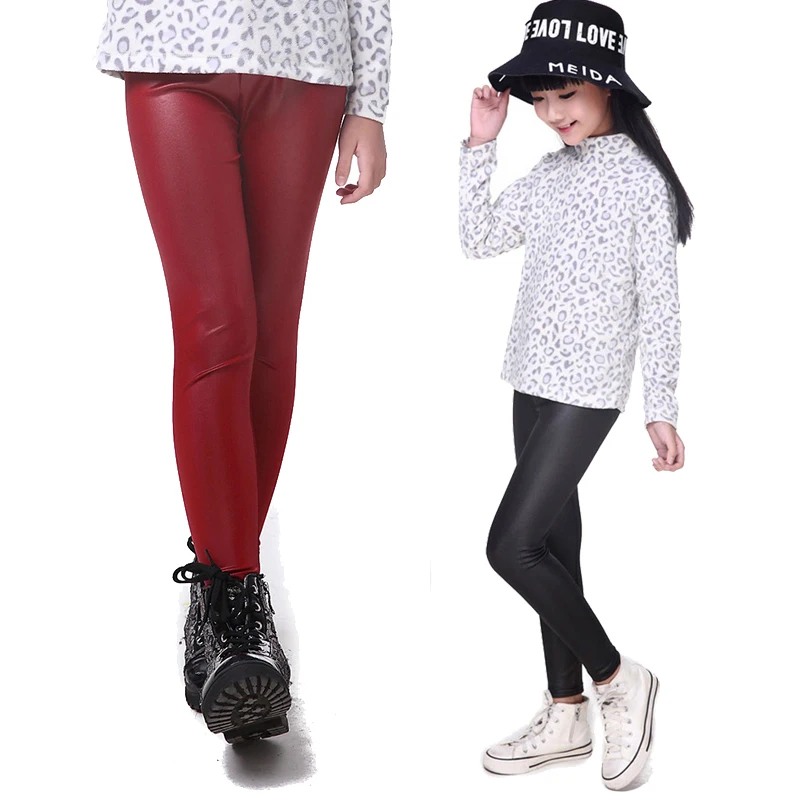Штаны для девочек; детские леггинсы из искусственной кожи; обтягивающие брюки; эластичные однотонные черные детские брюки; обтягивающие леггинсы; Getry Leginsy; узкие брюки