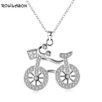 

ROLILASON cute bicycle shape silver color white crystal zircon necklace pendant charming classic lady birthday gift ln692