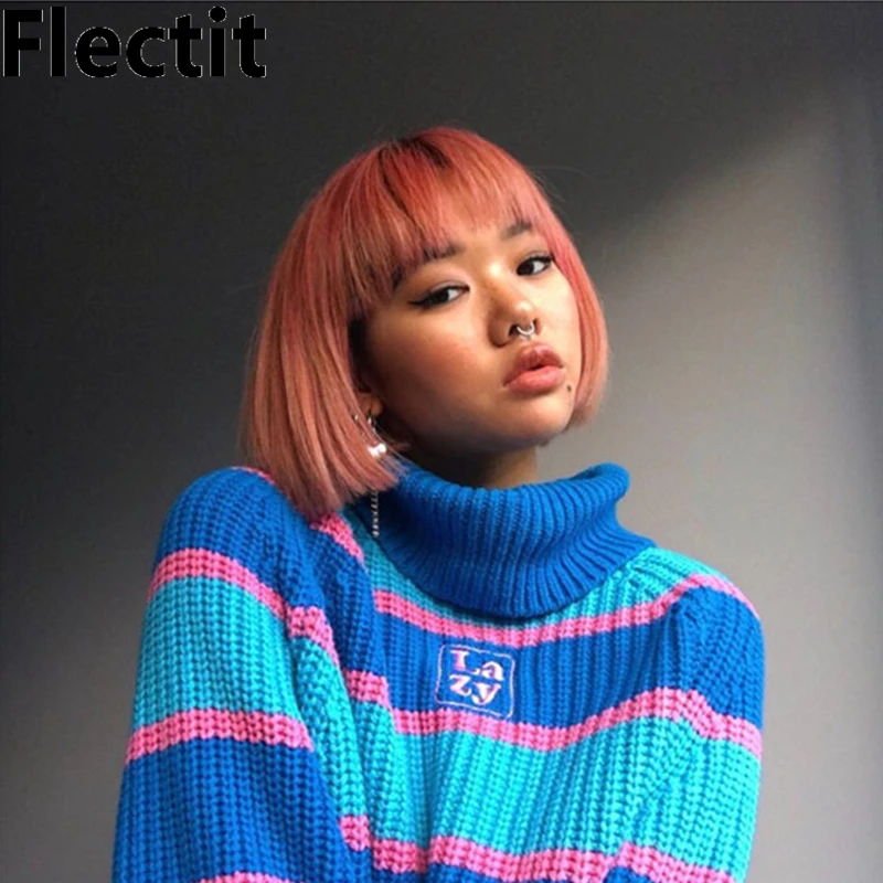 

Flectit Womens Striped Roll Neck Jumper Sweater with Embroidered Letter Lazy Turtleneck Oversized Chunky Knit Pullovers