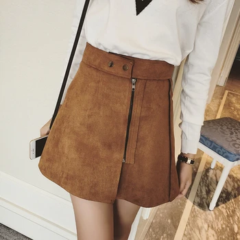 

2016 Autumn Winter New Casual Fashion Sexy Zipper Suede Leather High Waisted Women Mini Short A Line Skirt Office Part