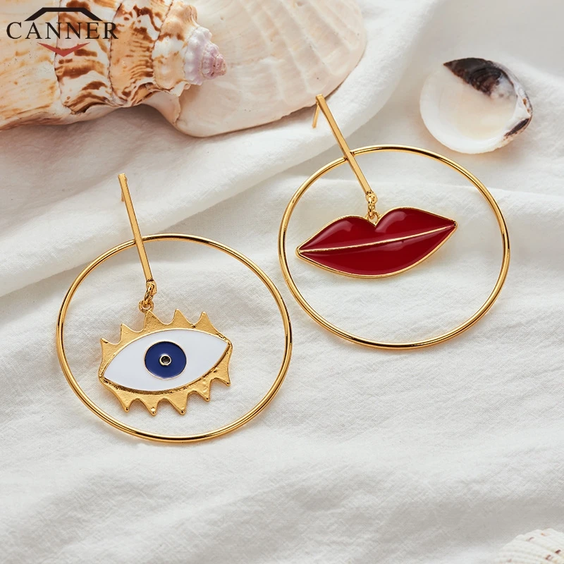 

CANNER Creative Red Lip Evil Eye Earrings Big Round Gold Earrings Statement Irregular Fashion Dangle Earrings aretes de mujer FI