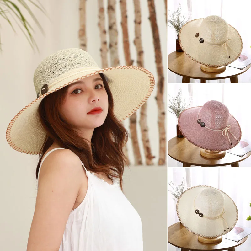 

Women Sunshade Hat Button Bowknot Decor Widen Brim Cap for Summer Outdoor FDC99