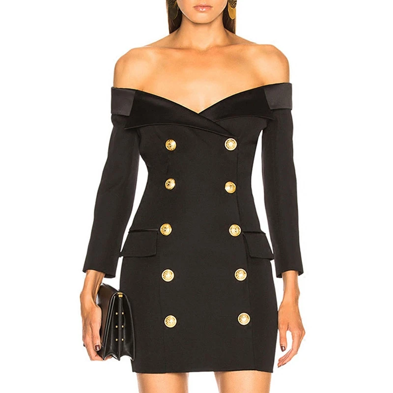 

TOP QUALITY New Stylish Designer Dress Women's Notched Collar Off Shoulder Lion Buttons Double Breasted Dress