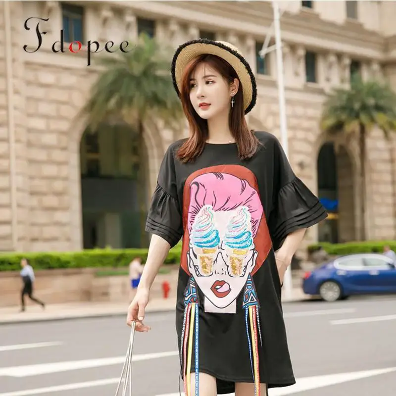 

2019 Summer Tee Women New Casual Fashion Joker Lotus Flare Sleeve Appliques Loose T Shirt Comfort Personalized Plus Size Tops