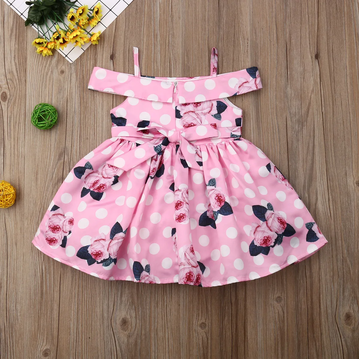 1-6Y Summer Toddler Kids Baby Girl Off shoulder Flower Dot Princess Girls Formal Pageant Party Dress Sundress Clothes