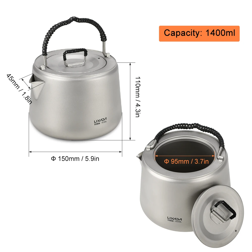 Lixada 1.4L Titanium Tea Pot Ultralight Outdoor Camping Hiking Water Kettle Coffee Pot Teapot Kettle Pot Outdoor Kettle