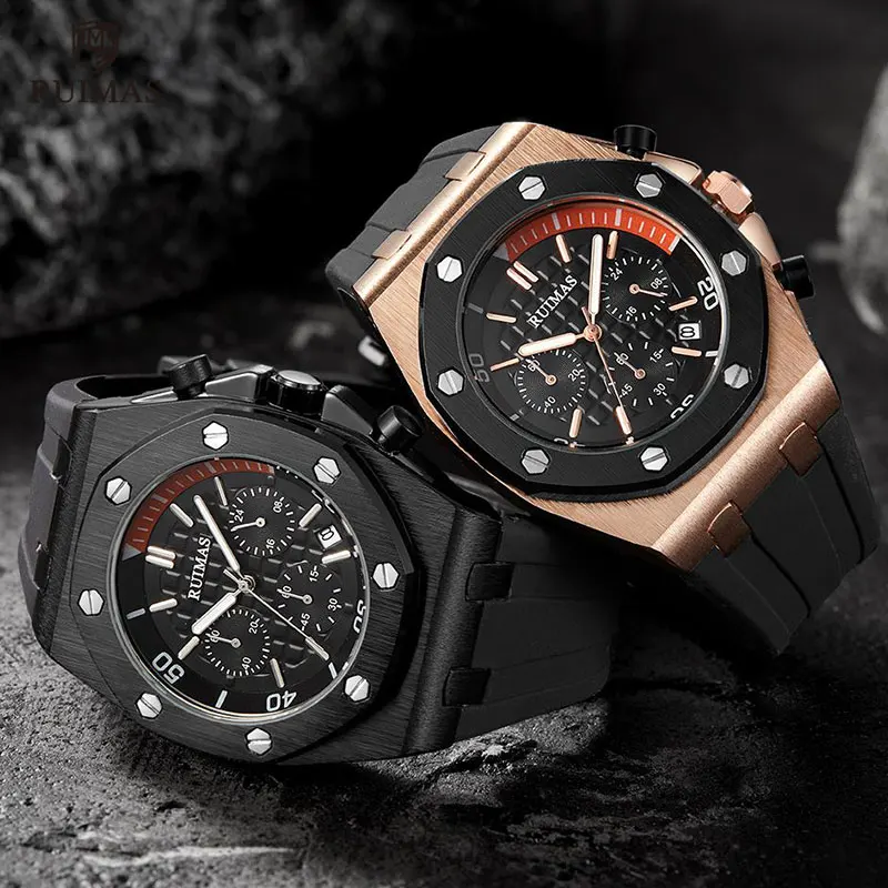 RUIMAS часы мужские Топ бренд класса люкс Хронограф наручные часы Relogios Masculino армейские спортивные кварцевые часы мужские часы 540 черный