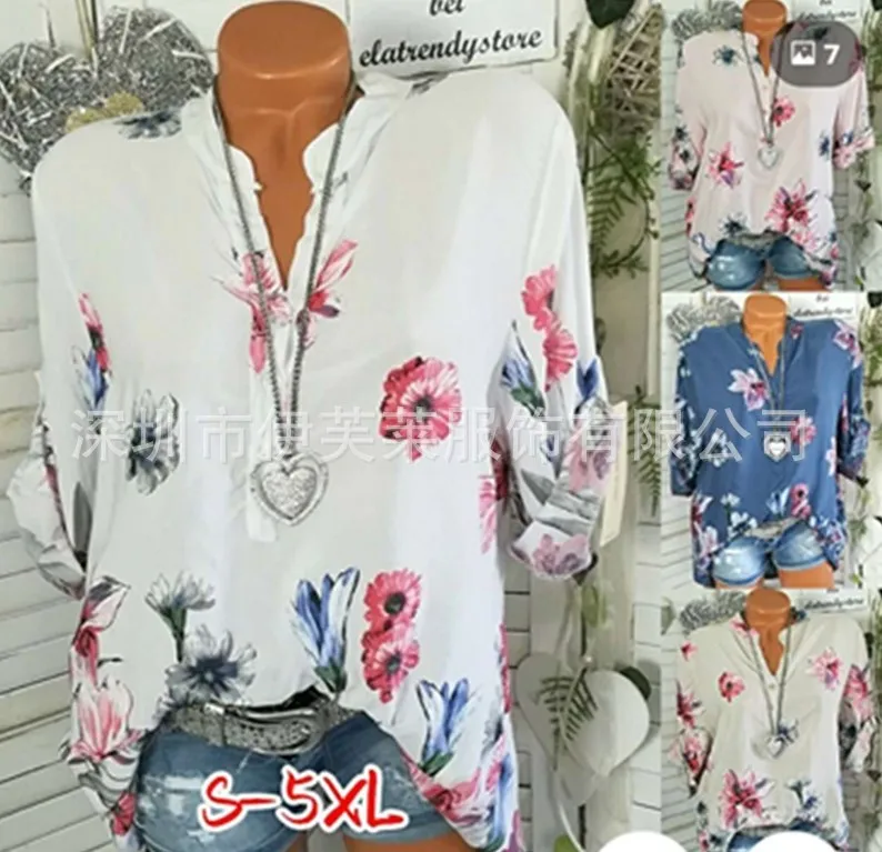 

Large size women's shirt 2019 spring and summer new printed shirt can be pulled long sleeve V-neck size plus women's blouse