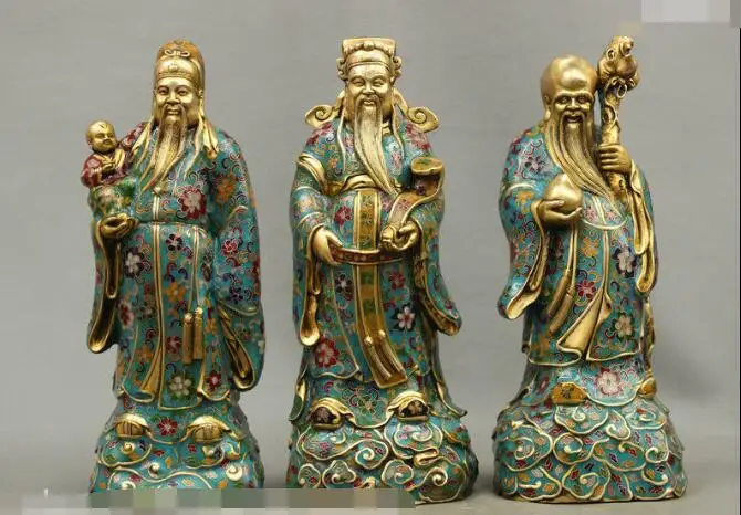 

S03204 14 China Cloisonne Enamel Bronze 3 Longevity God Fu Lu Shou Life RuYi Kid Statue (B0413)