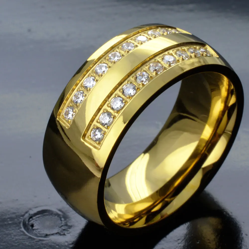 Men's Gold Tone Stainless Steel CZ Wedding Engagement Ring Band R276A ...